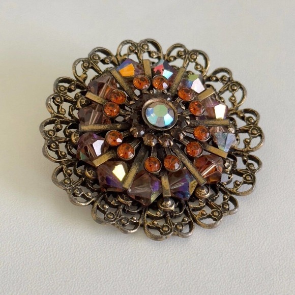 Vintage Weiss Signed Amber Orange AB Rhinestone Crystal Statement Brooch Pin - Picture 2 of 9